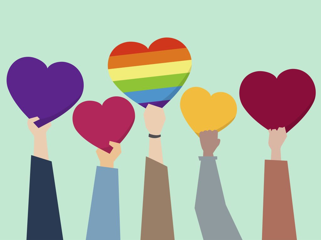 People holding up hearts illustration